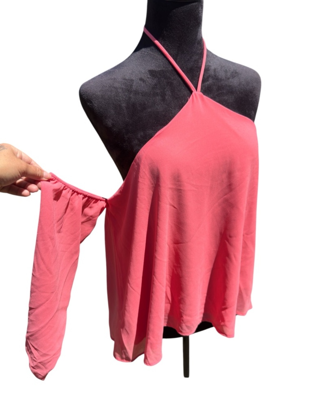 AQUA Coral Pink Halter Top Cold Shoulder Draped‎ Sleeve Backless Boho Blouse L